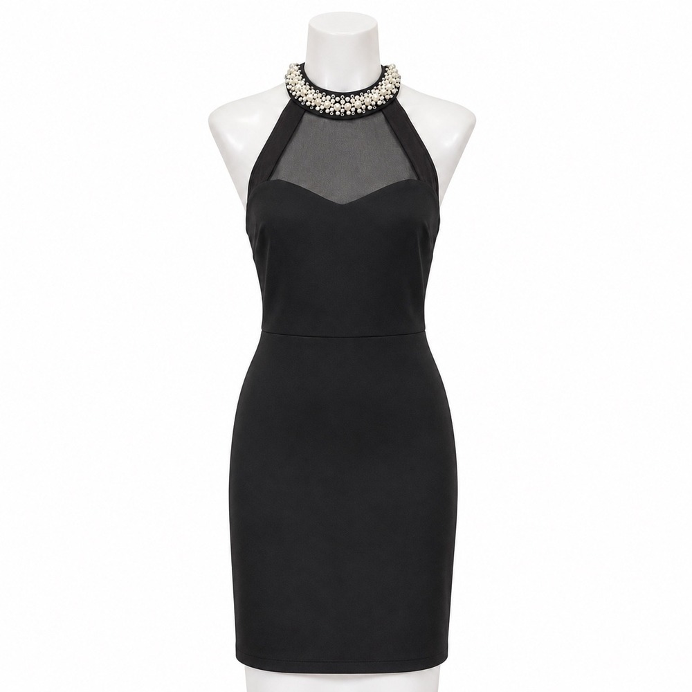 Speechless Dress Juniors 1 Black Halter Pearl Collar Mesh Sweetheart Bodycon